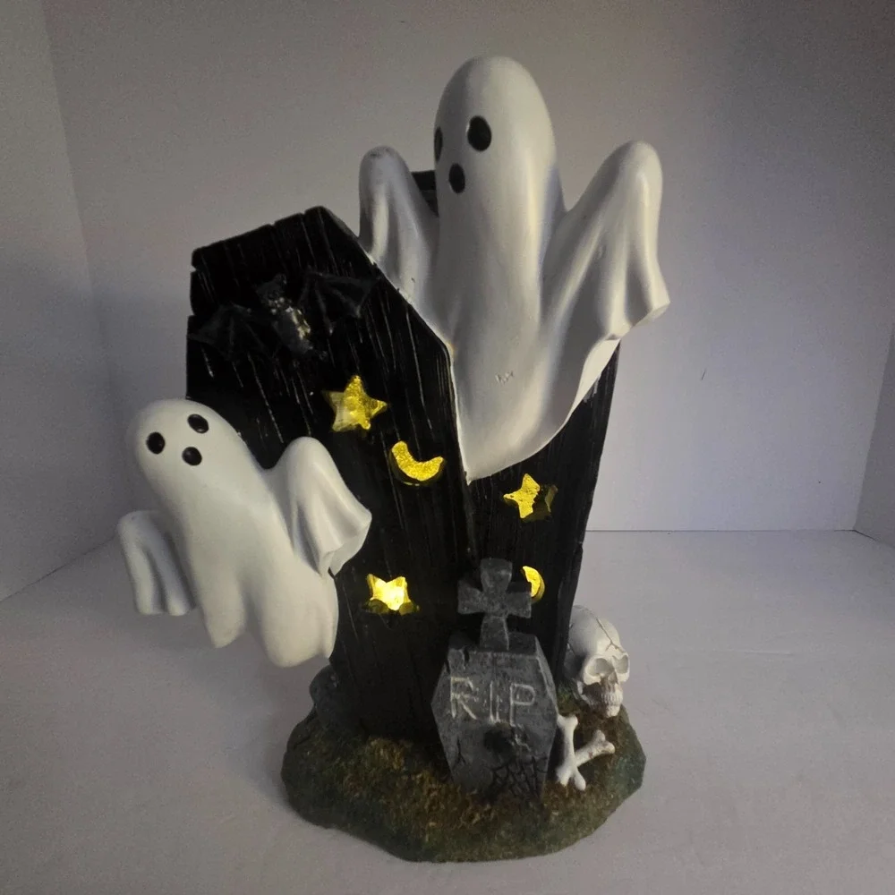 Spooky Hollow Ghost Coffin LED Figurine Adult 9in Black White NEW Halloween